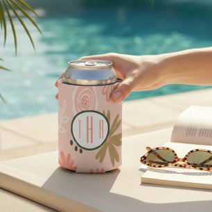Brown Floral Monogram Foam Can Cooler