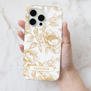 Brown Floral Personalized Name Flower Line Art iPhone 15 Pro Max Case