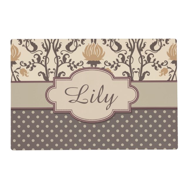 Brown Floral & Polka Dots Custom Pet Placemat (Front)
