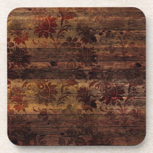 Brown Floral Rustic Wood Beverage Coaster