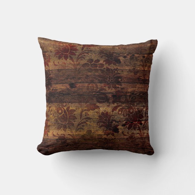 Brown Floral Rustic Wood Throw Pillow (Front)