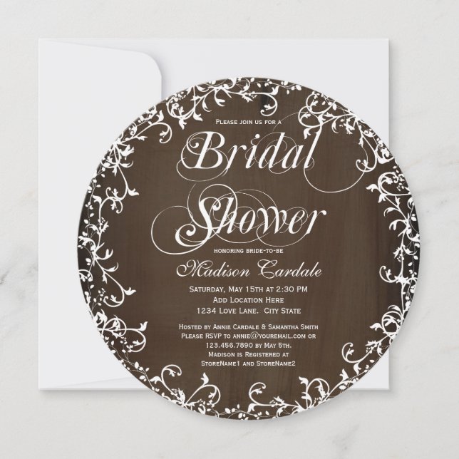 Brown Floral Swirls Round Bridal Shower Invitation (Front)