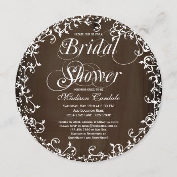 Brown Floral Swirls Round Bridal Shower Invitation by RusticCountryWedding at Zazzle