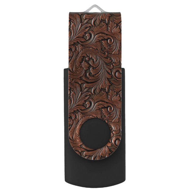 Brown floral tooled embossed leather cowboy flash drive (Front Vertical)