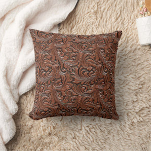 Brown floral tooled embossed leather western throw pillow