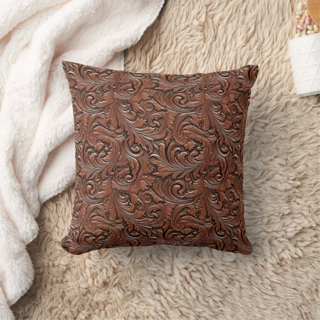 Brown floral tooled embossed leather western throw pillow (Blanket)