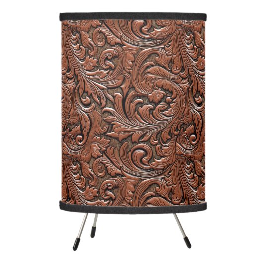 Brown floral tooled embossed leather western tripod lamp (Left)