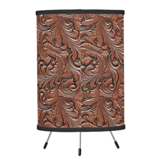Brown floral tooled embossed leather western tripod lamp (Back)