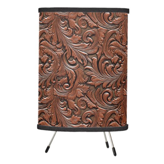 Brown floral tooled embossed leather western tripod lamp (Right)