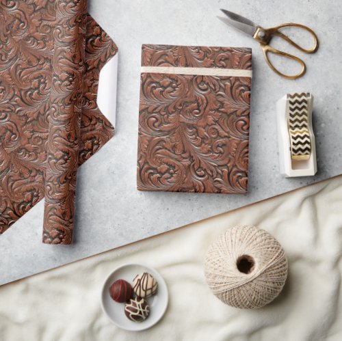 Brown floral tooled embossed leather western wrapping paper