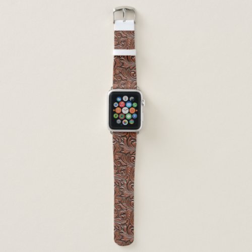 Brown floral tooled leather western cowboy apple watch band