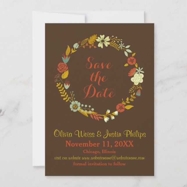 Brown Floral Wreath - Save the Date (Front)