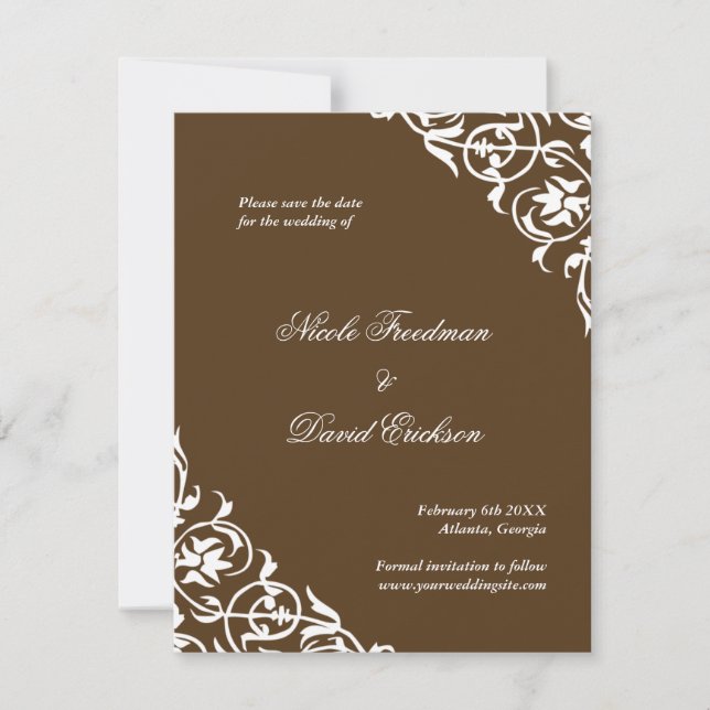 Brown flourish classy scroll wedding save the date (Front)