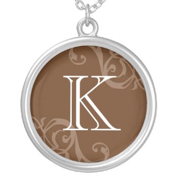 Brown Flourish Initial Monogram Letter Charm Silver Plated Necklace by FidesDesign at Zazzle