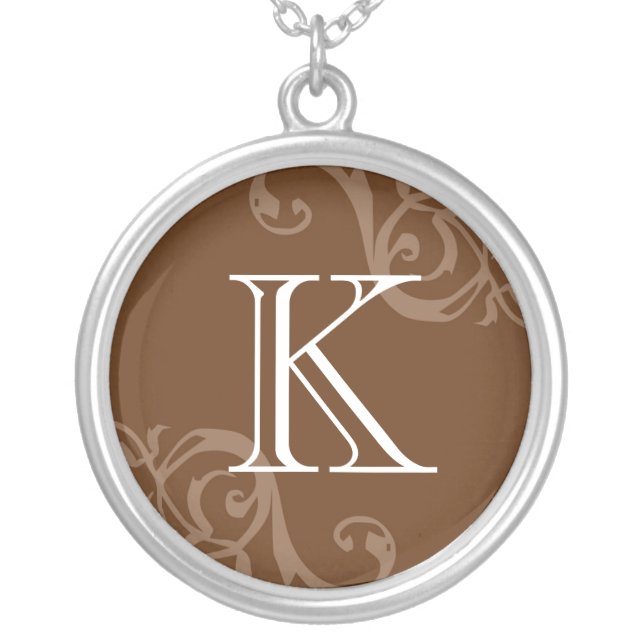 Brown flourish initial monogram letter charm silver plated necklace (Front)