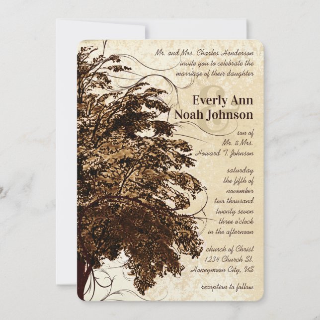 Brown Flourish Oak Tree Wedding Invitation (Front)
