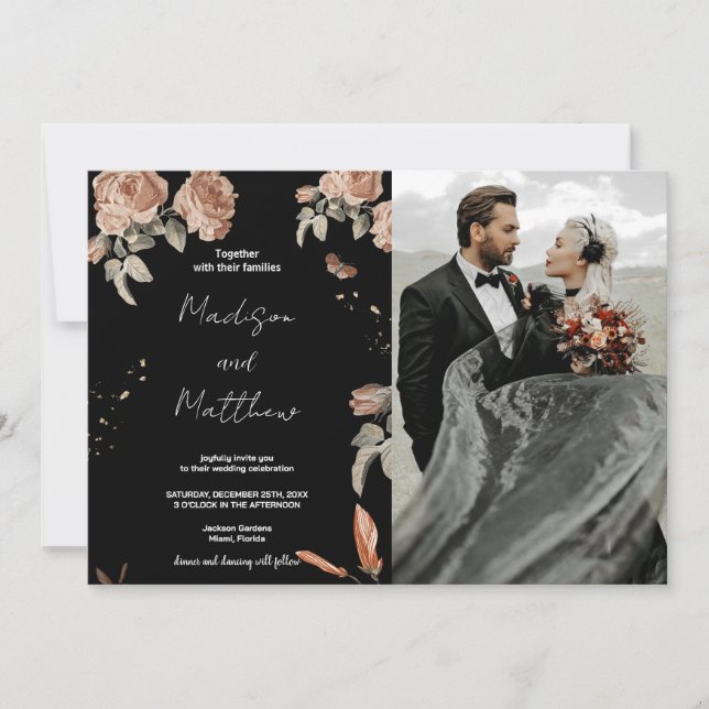 Brown Flower Black Wedding Invitations with photo (Front)