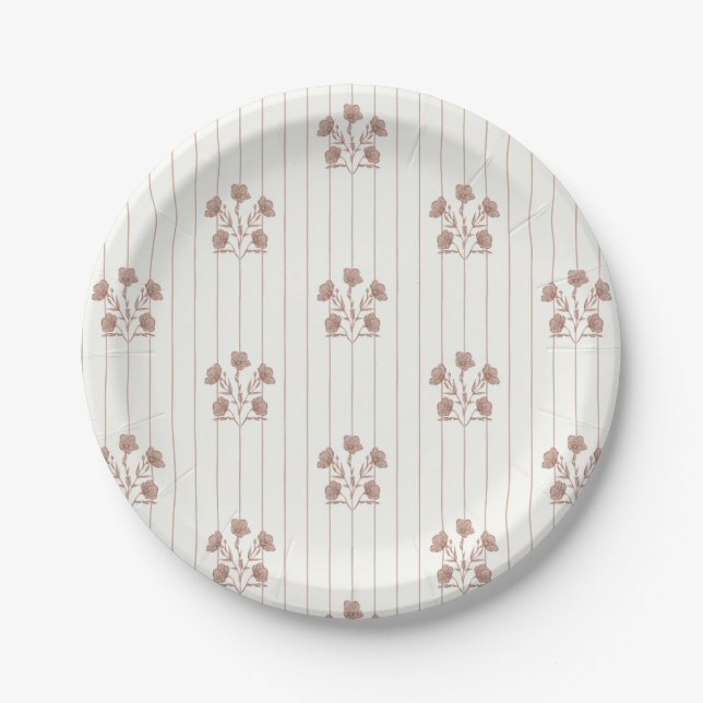 Brown Flower Stripes Paper Plates (Front)