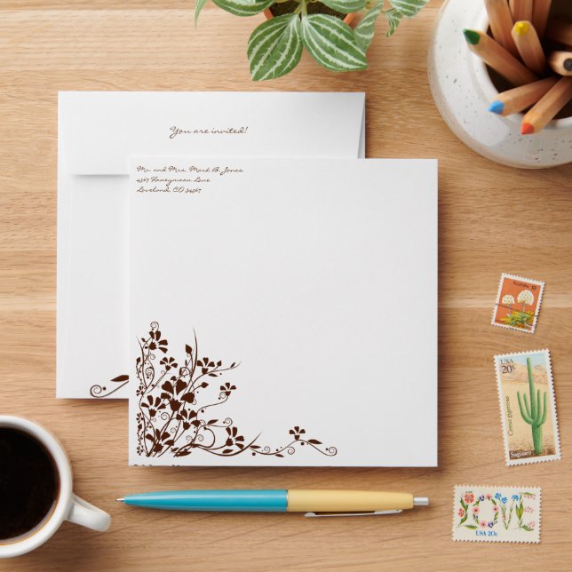 Brown Flower Swirl Wedding Envelopes (Desk)