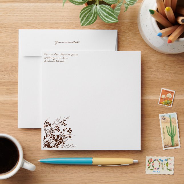 Brown Flower Swirl Wedding Envelopes (Desk)