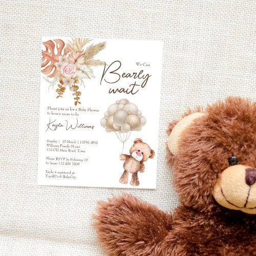 Brown flowers boho teddy bear budget invitation