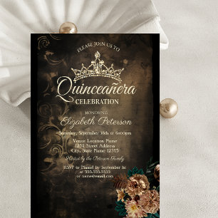 Brown Flowers Damask Dark Gothic Quinceañera Invitation