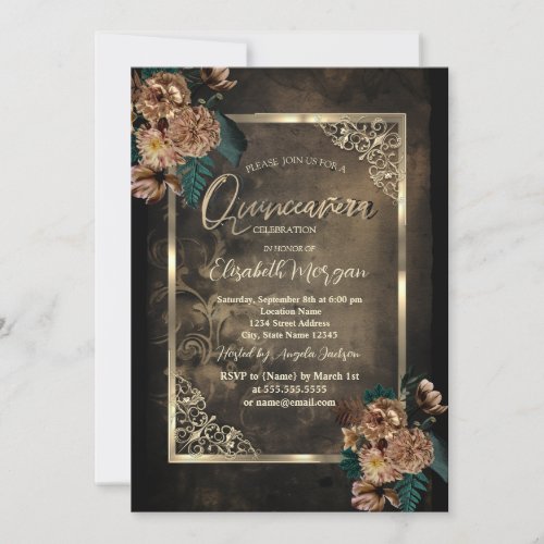 Brown Flowers Gold Frame Gothic Quinceaera Invitation