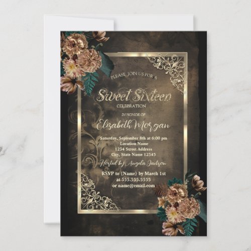 Brown Flowers Gold Frame Gothic Sweet 16 Invitation