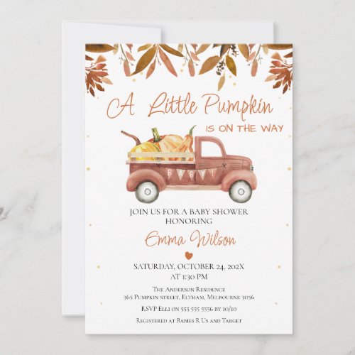 Brown Foliage Heart Pumpkin Truck Baby Shower  Invitation