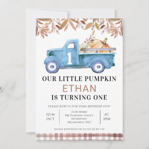 Brown Foliage Little Pumpkin Truck 1st Birthday Invitation