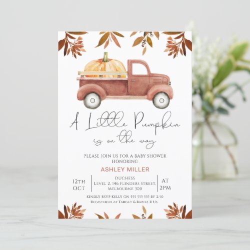 Brown Foliage Little Pumpkin Truck Baby Shower Invitation