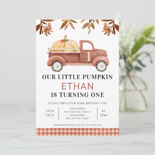 Brown Foliage Little Pumpkin Truck Birthday  Invitation