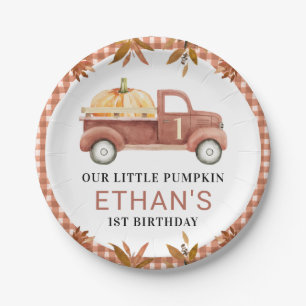 Brown Foliage Little Pumpkin Truck Birthday Paper Plates