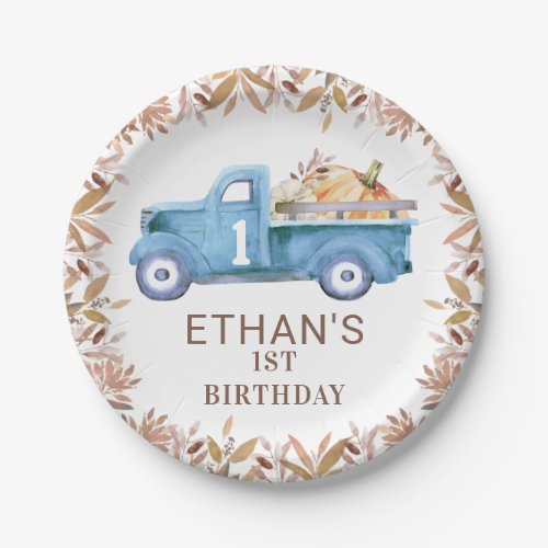 Brown Foliage Pumpkin Truck 1st Birthday Paper Plates