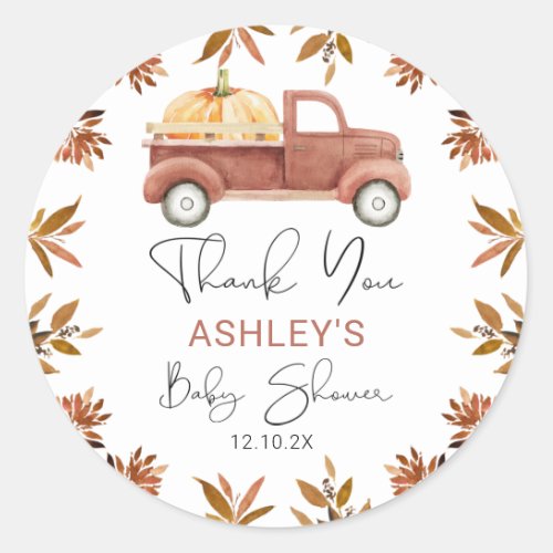 Brown Foliage Pumpkin Truck Baby Shower Sticker