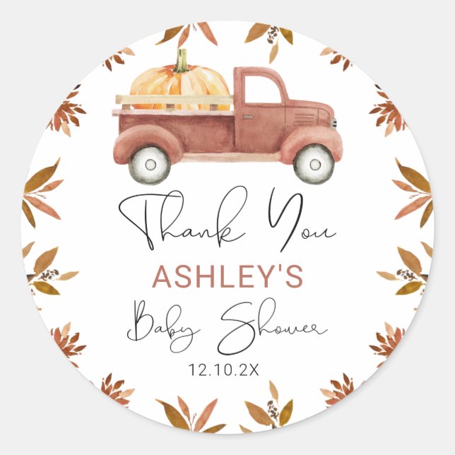 Brown Foliage Pumpkin Truck Baby Shower Sticker (Front)