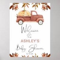 Brown Foliage Pumpkin Truck Baby Shower Welcome Poster
