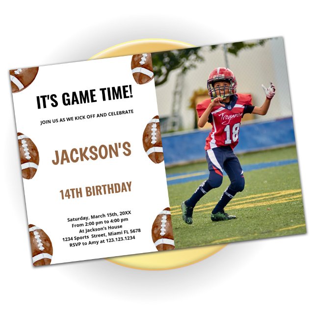 Brown Football Birthday Invitations with photo (Creator Uploaded)