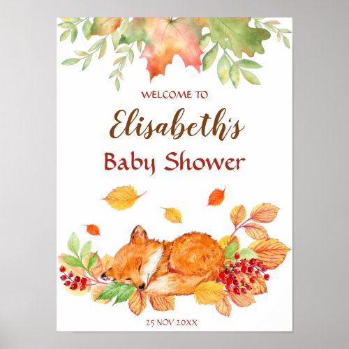 Brown fox autumn fall baby shower welcome sign 