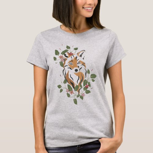 Brown Fox with flowers and leaves T_Shirt