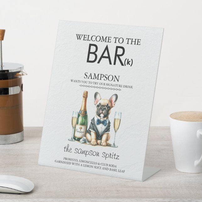 Brown French Bulldog Bar Pedestal Sign (In SItu)