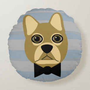 Brown French Bulldog, Stripes Round Pillow
