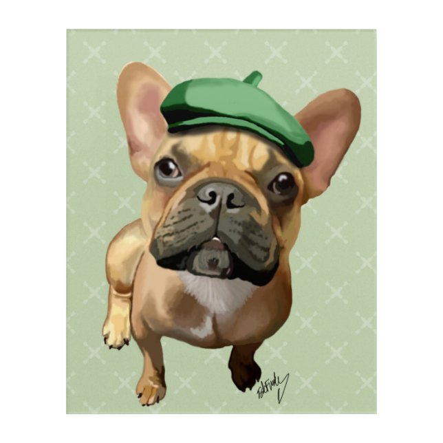 Brown French Bulldog with Green Hat Acrylic Print (Front)