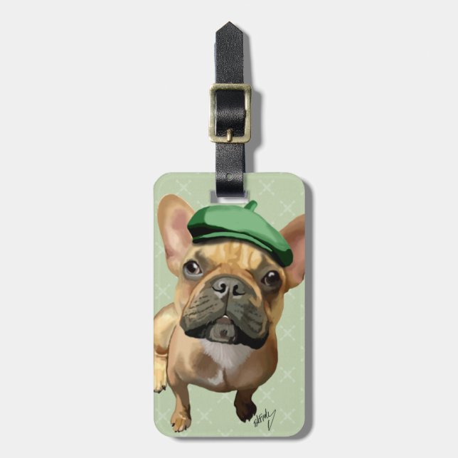 Brown French Bulldog with Green Hat Luggage Tag (Front Vertical)