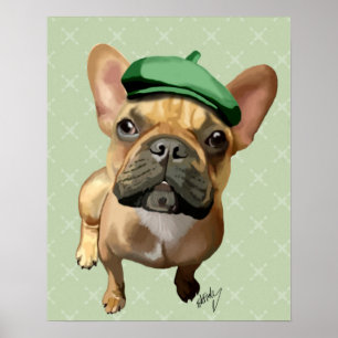Brown French Bulldog with Green Hat Poster