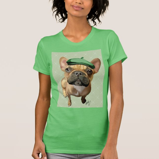 Brown French Bulldog with Green Hat T-Shirt (Front)