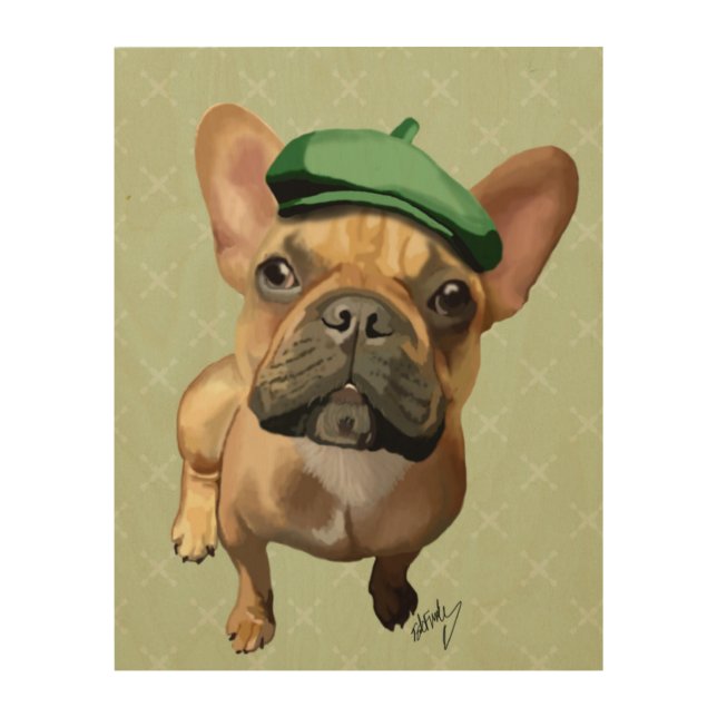 Brown French Bulldog with Green Hat Wood Wall Art (Front)