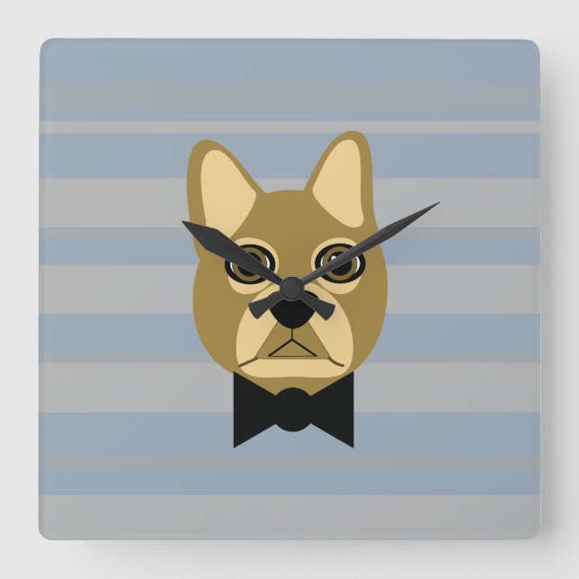 Brown Frenchie Bulldog, Stripes Square Wall Clock (Front)