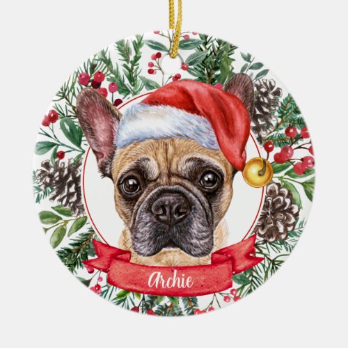 Brown Frenchie Custom Dog Santa Christmas Ornament