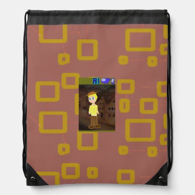 Brown Geometric Cartoon Drawstring Backpack (Front)